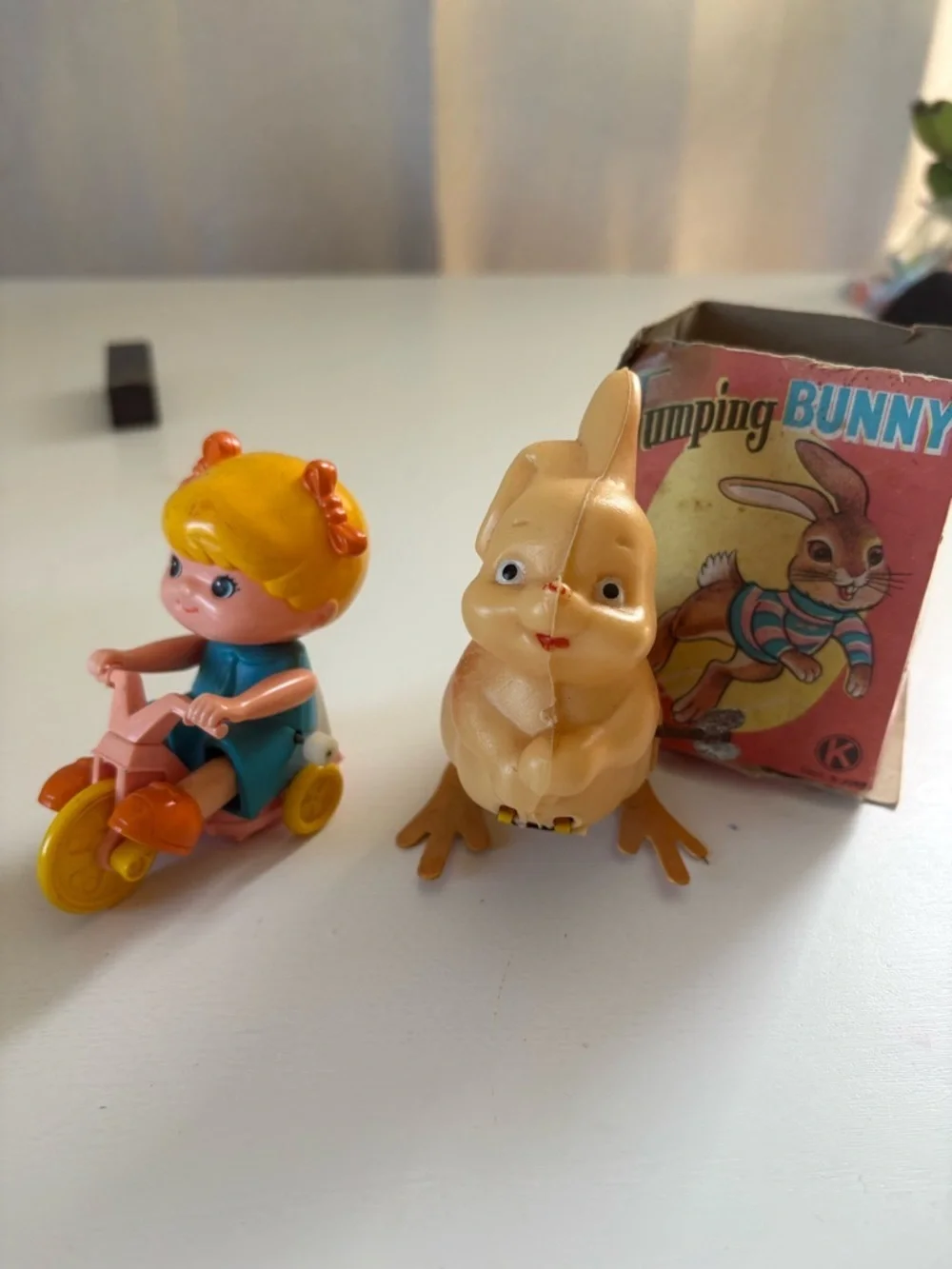 Vintage Wind Up Toy Lot Japan Taiwan Bunny Jumping Bunny + Girl Tricycle Toy